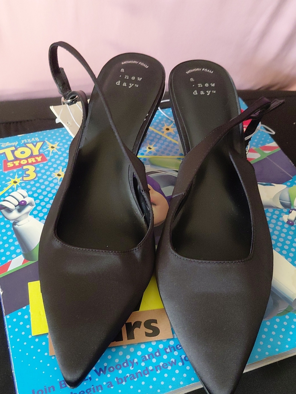 a new day Black Satin Pointed Slingback Flats